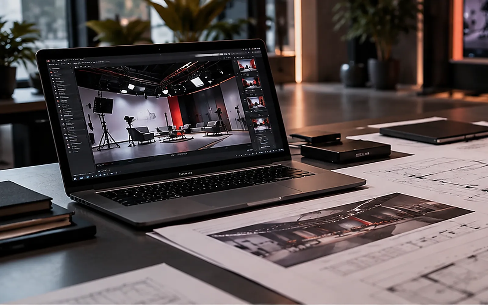 Digitale Studioplanung mit Lichtachsen und markierten Setpositionen
