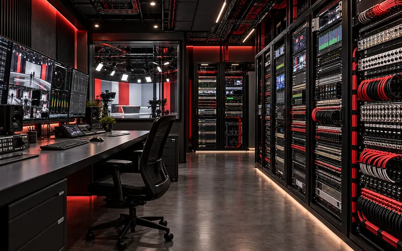 Rückseitige Studiotechnik mit Patchfeldern und Kabelmanagement