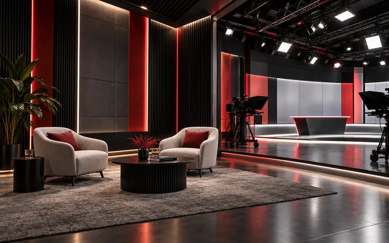 Studiowand mit akustisch wirksamen Elementen und Lichtdetails